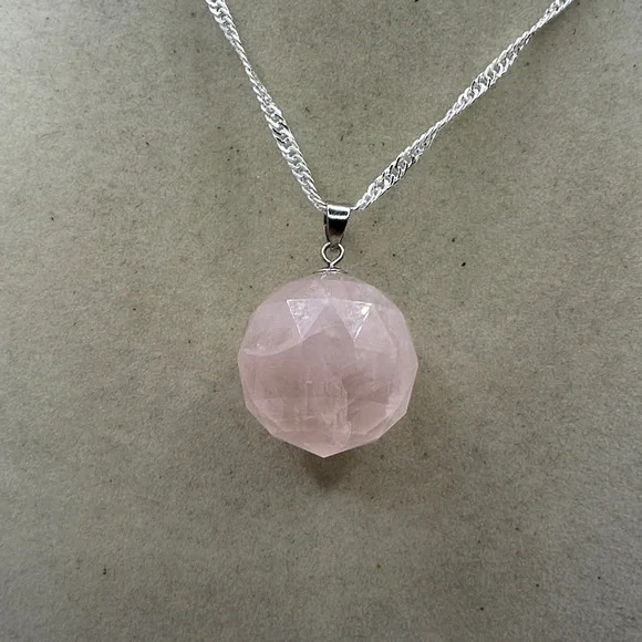 SOLD Rose Quartz 3D Round Pendant on Sterling Silver Chain - Picture 1 of 13